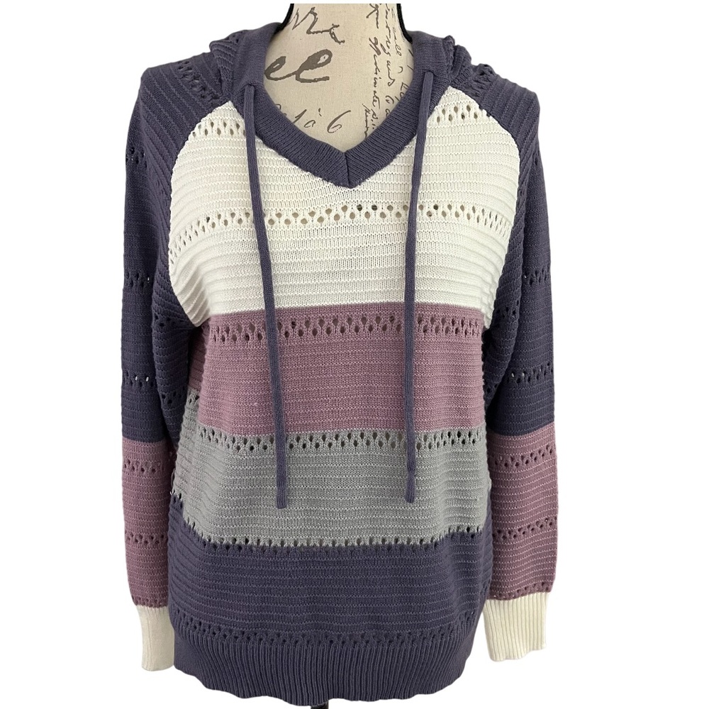 NEW Colorblock Striped Knit Long Sleeve V-Neck Hoodie Sweater Purple White Small